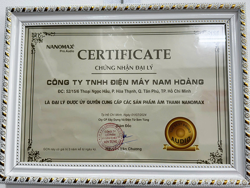 Chứng nhận đại lý loa kéo của Điện Máy Nam Hoàng